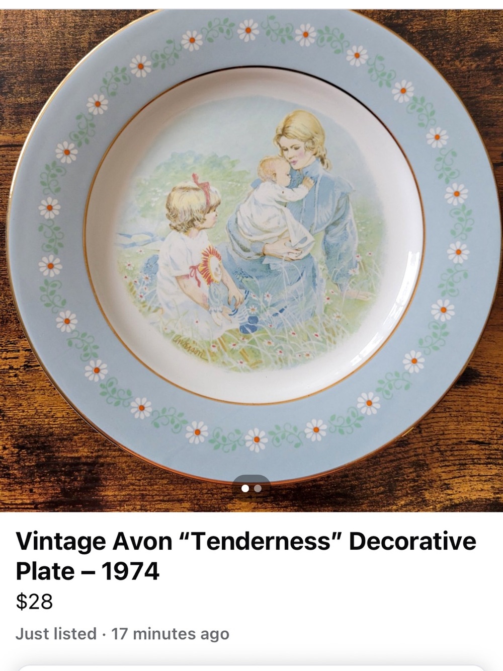 Avon Tenderness Decorative Plate - Light Blue with Gold Trim